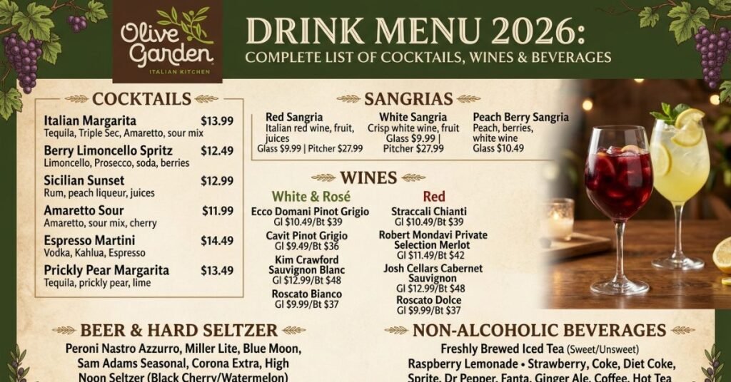 Olive Garden Drink Menu 2026 Complete List of Cocktails, Wines & Beverages