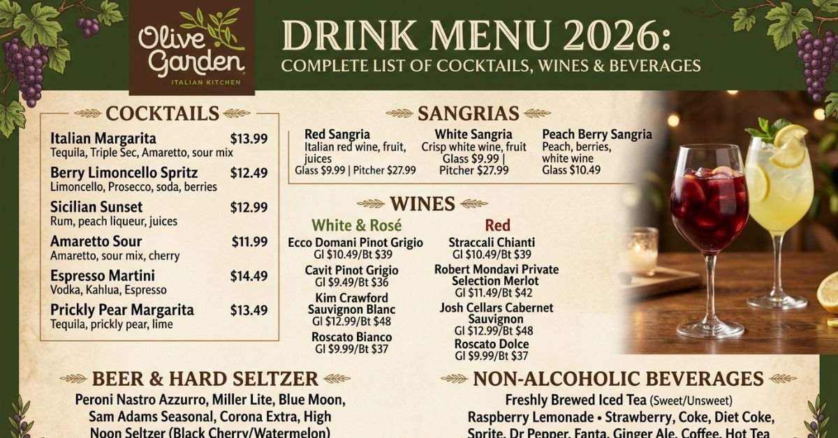 Olive Garden Drink Menu 2026 Complete List of Cocktails, Wines & Beverages
