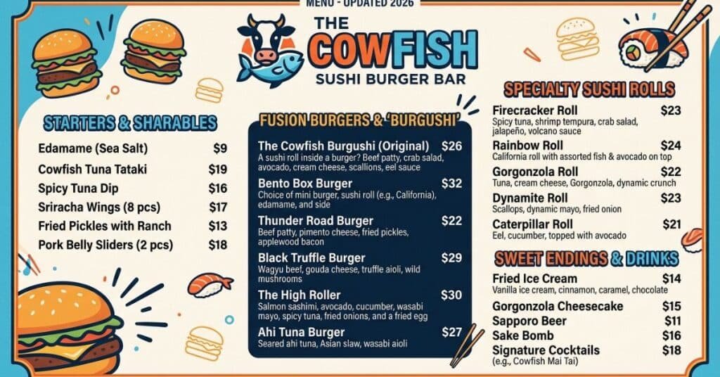 The Cowfish Sushi Burger Bar Menu with Prices