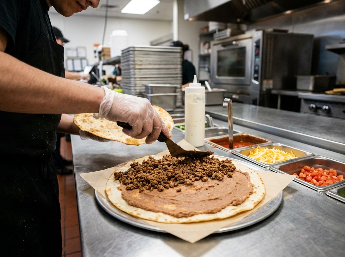 Mexican Pizza assembly beans beef tortilla layers