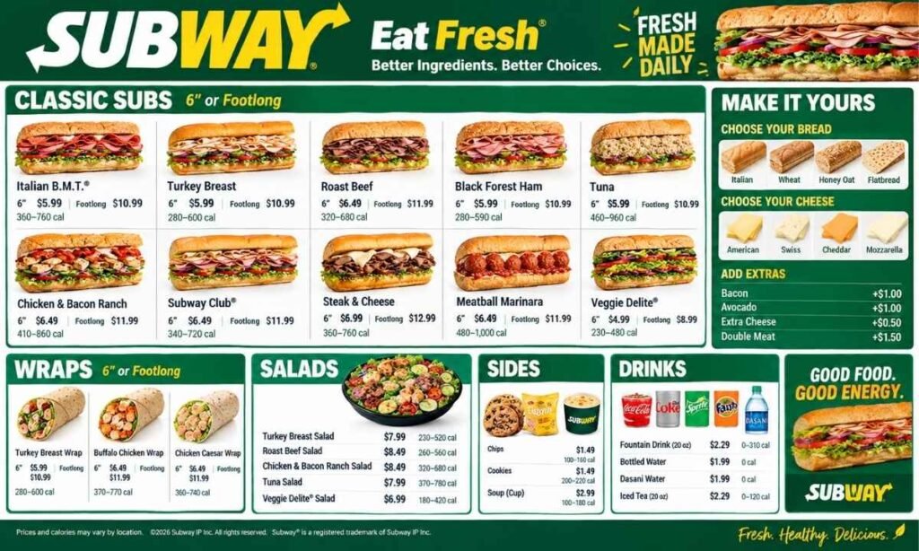 Subway Menu with Prices